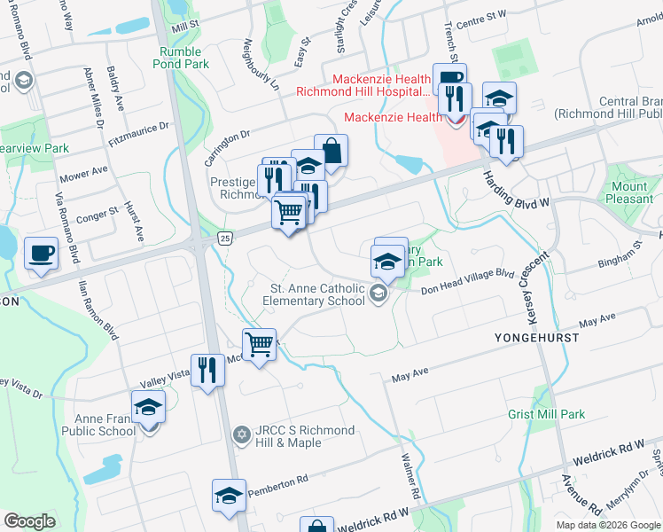 map of restaurants, bars, coffee shops, grocery stores, and more near 154 Don Head Village Boulevard in Richmond Hill