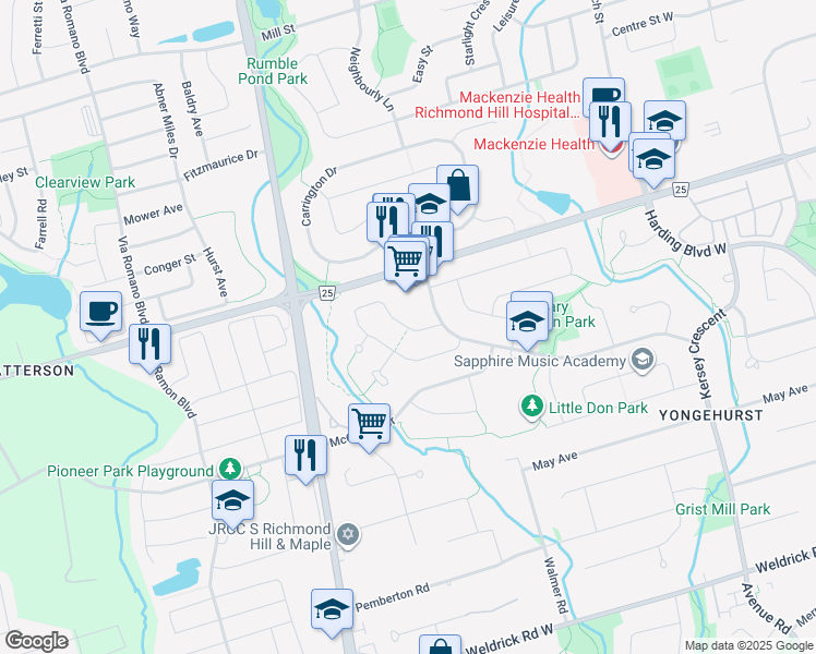map of restaurants, bars, coffee shops, grocery stores, and more near Houseman Crescent in Richmond Hill
