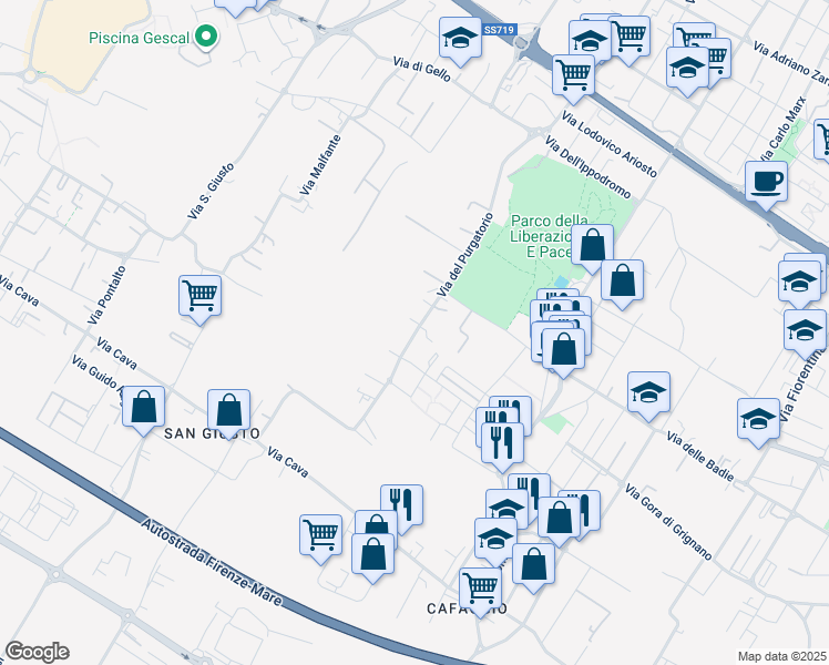 map of restaurants, bars, coffee shops, grocery stores, and more near 137 Via del Purgatorio in Prato