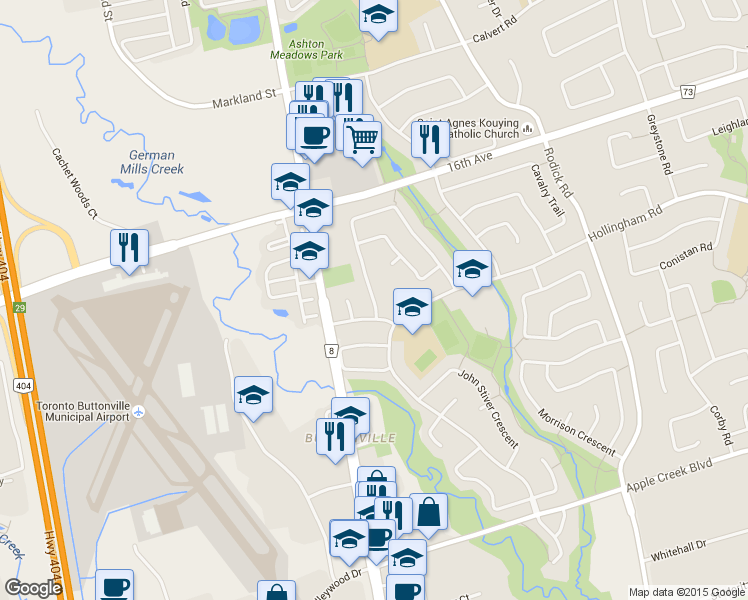 map of restaurants, bars, coffee shops, grocery stores, and more near 9 Captain Francis Drive in Markham