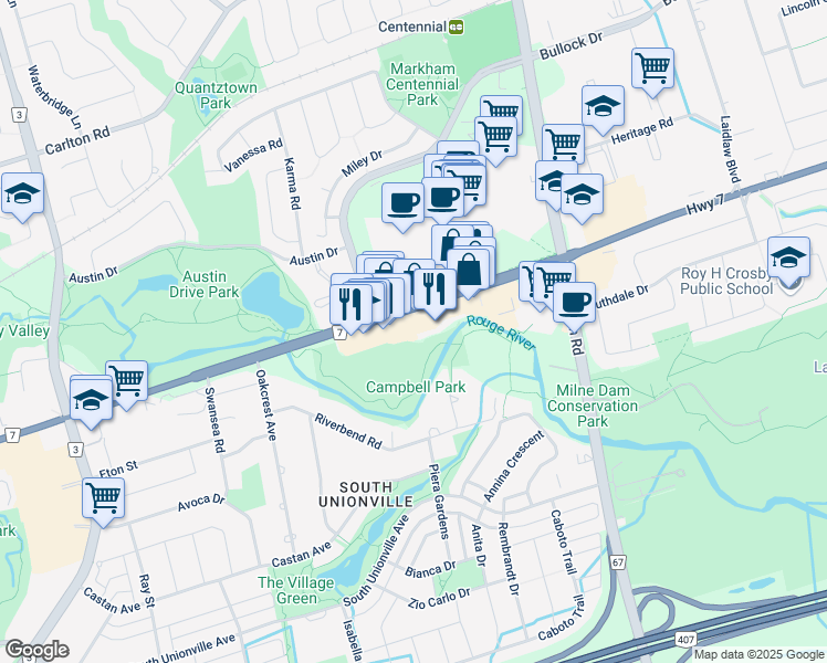 map of restaurants, bars, coffee shops, grocery stores, and more near 4997 York Regional Road 7 in Markham