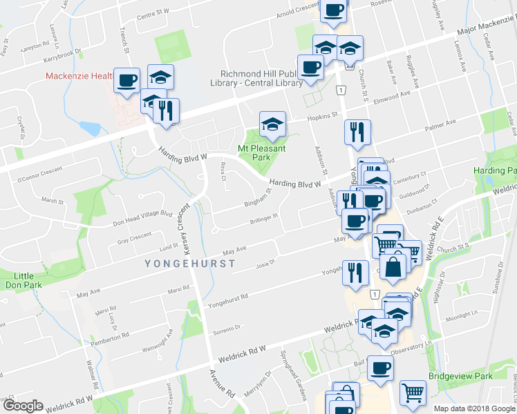 map of restaurants, bars, coffee shops, grocery stores, and more near in Richmond Hill