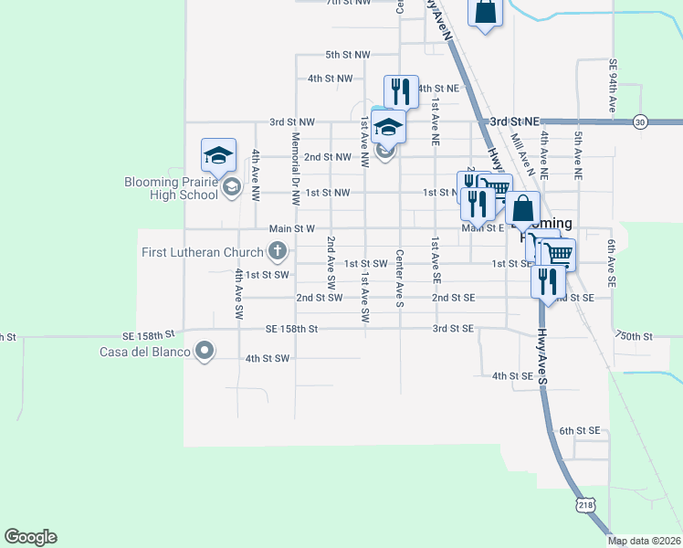 map of restaurants, bars, coffee shops, grocery stores, and more near 244 2nd Street Southwest in Blooming Prairie