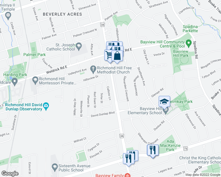 map of restaurants, bars, coffee shops, grocery stores, and more near 9442 Bayview Avenue in Richmond Hill