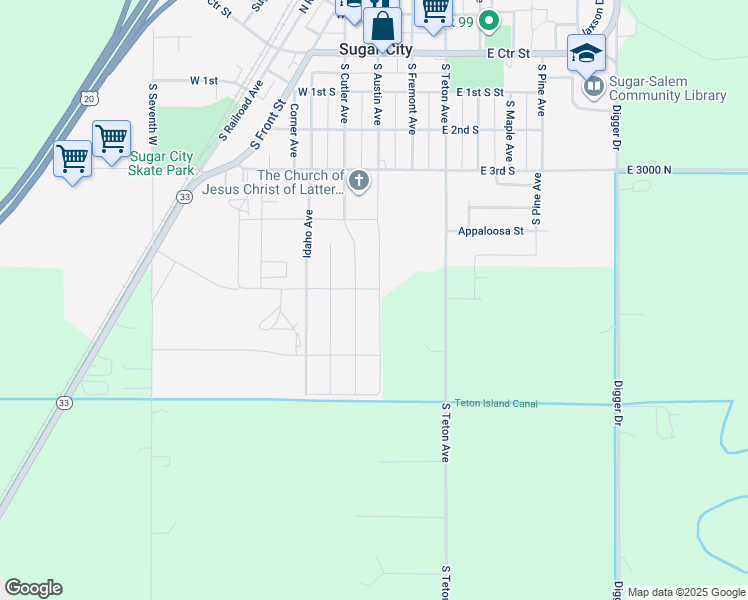 map of restaurants, bars, coffee shops, grocery stores, and more near 510 South Austin Avenue in Sugar City