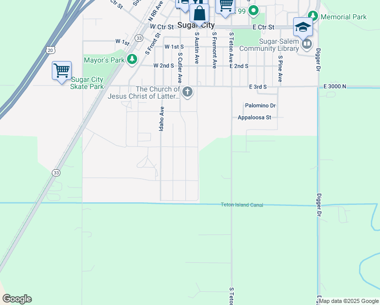 map of restaurants, bars, coffee shops, grocery stores, and more near 510 South Austin Avenue in Sugar City