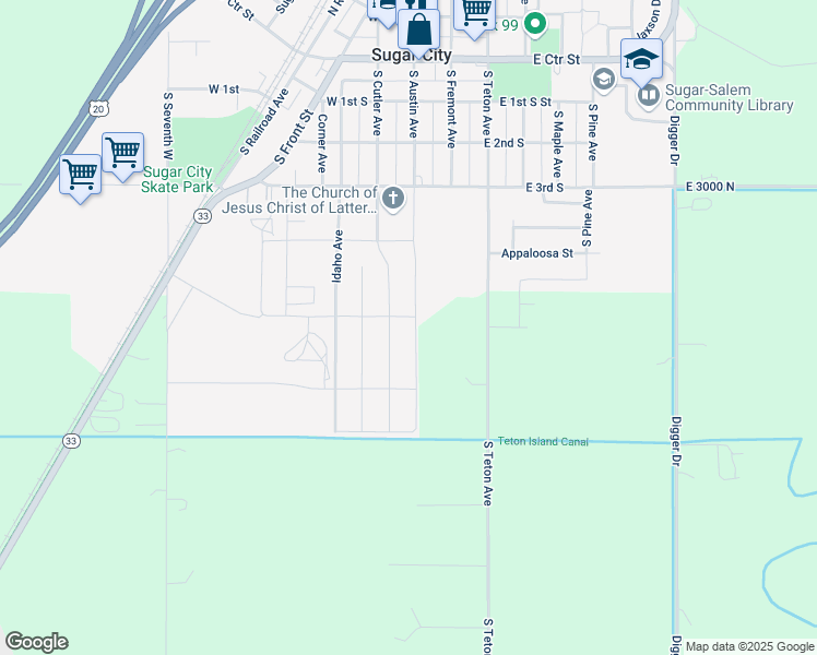 map of restaurants, bars, coffee shops, grocery stores, and more near 510 South Austin Avenue in Sugar City