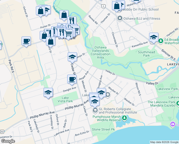 map of restaurants, bars, coffee shops, grocery stores, and more near 1261 Wecker Drive in Oshawa