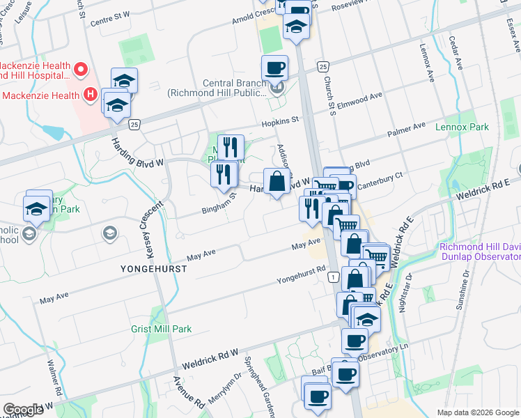 map of restaurants, bars, coffee shops, grocery stores, and more near 14 Mary Gapper Crescent in Richmond Hill