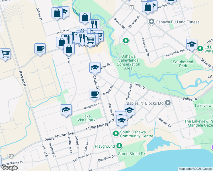 map of restaurants, bars, coffee shops, grocery stores, and more near 299 Banff Avenue in Oshawa