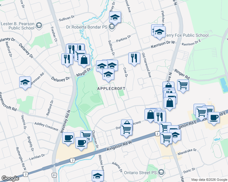 map of restaurants, bars, coffee shops, grocery stores, and more near 39 Coles Avenue in Ajax