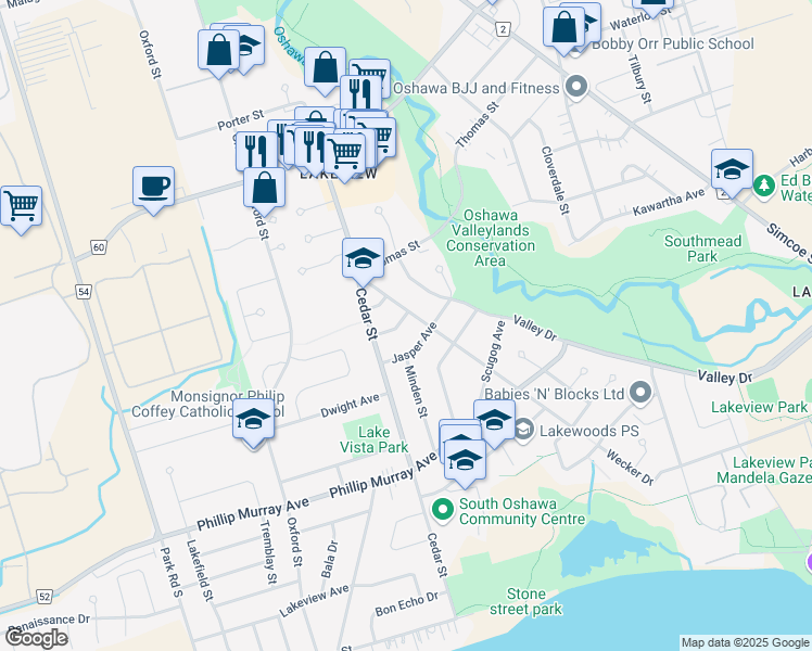 map of restaurants, bars, coffee shops, grocery stores, and more near 299 Banff Avenue in Oshawa
