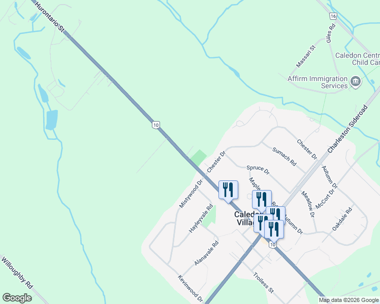 map of restaurants, bars, coffee shops, grocery stores, and more near 18783-18869 Hurontario Street in Caledon