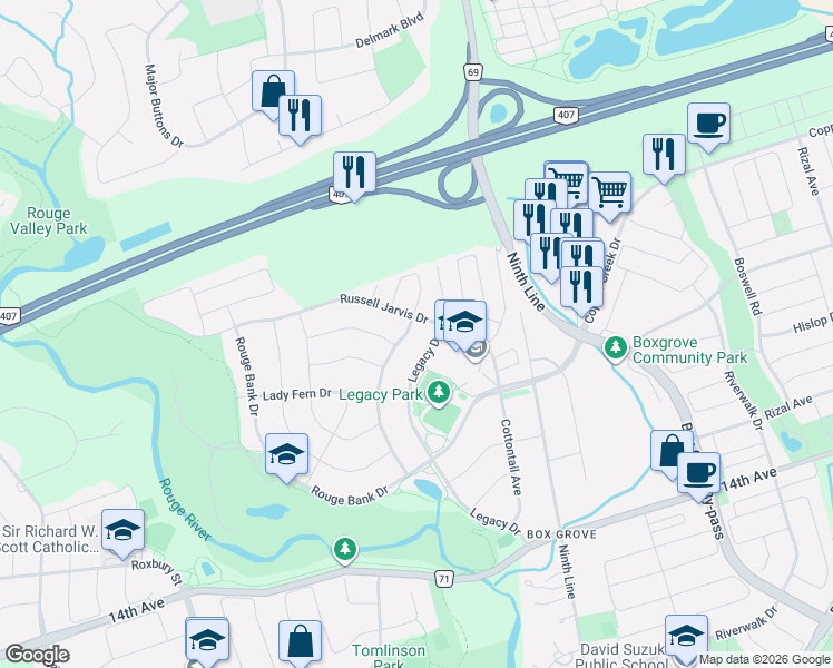 map of restaurants, bars, coffee shops, grocery stores, and more near 85 White Cedar Drive in Markham