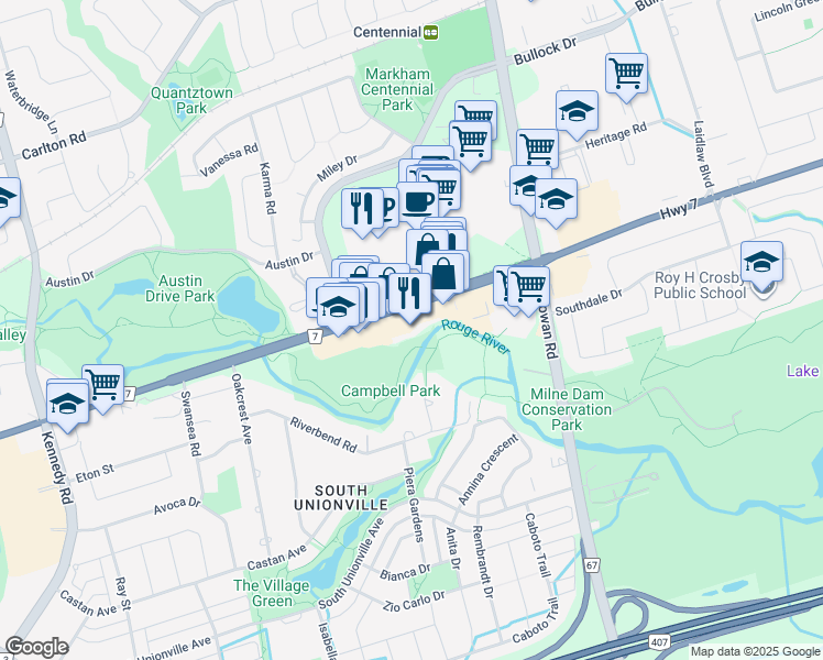 map of restaurants, bars, coffee shops, grocery stores, and more near 5051 Highway 7 in Markham