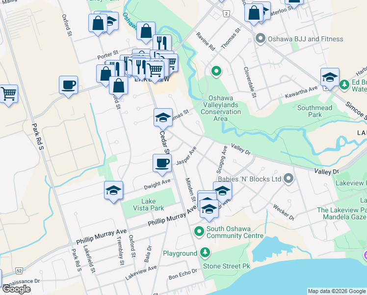 map of restaurants, bars, coffee shops, grocery stores, and more near in Oshawa