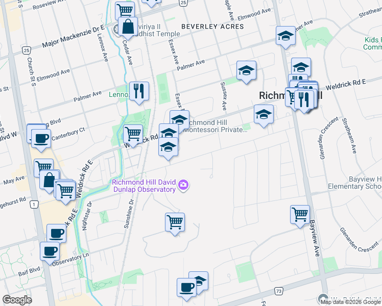map of restaurants, bars, coffee shops, grocery stores, and more near 142 Hillsview Drive in Richmond Hill
