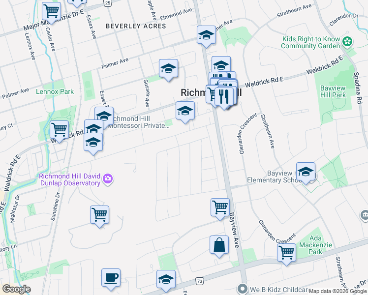 map of restaurants, bars, coffee shops, grocery stores, and more near 164 Milky Way Drive in Richmond Hill