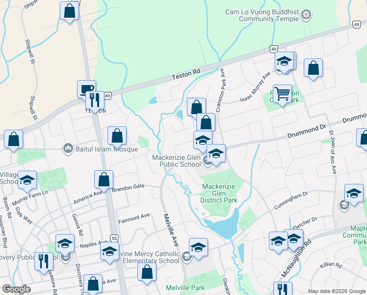 map of restaurants, bars, coffee shops, grocery stores, and more near 55 Sandway Crescent in Vaughan