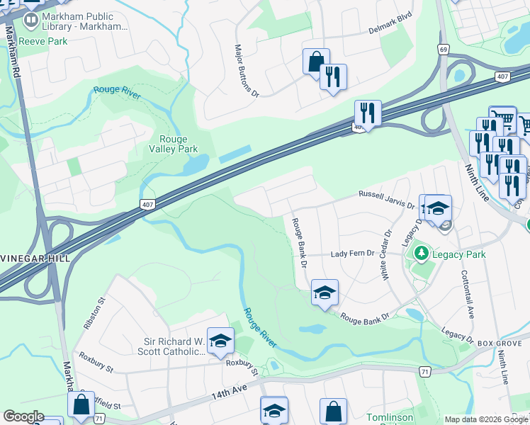 map of restaurants, bars, coffee shops, grocery stores, and more near 194 Russell Jarvis Drive in Markham