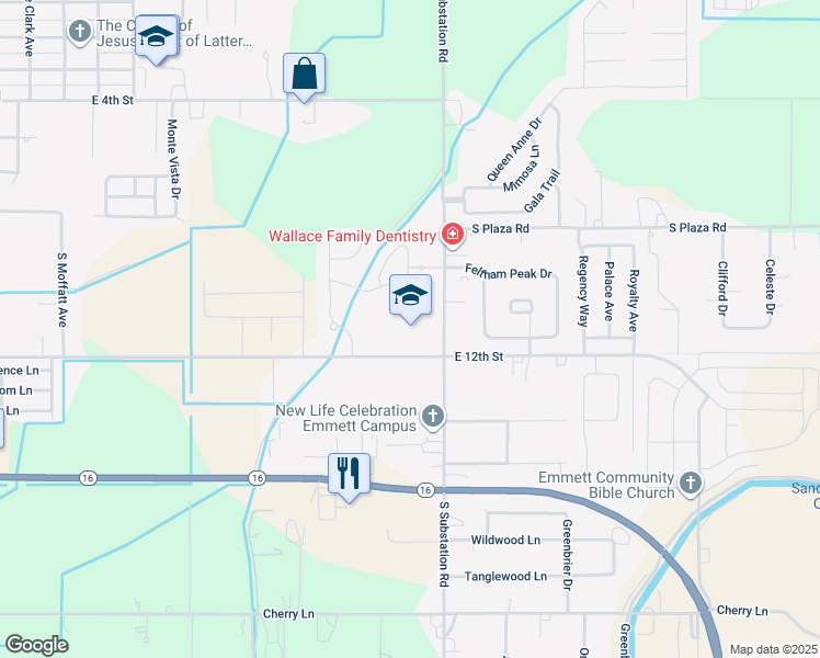 map of restaurants, bars, coffee shops, grocery stores, and more near 1950 East 12th Street in Emmett