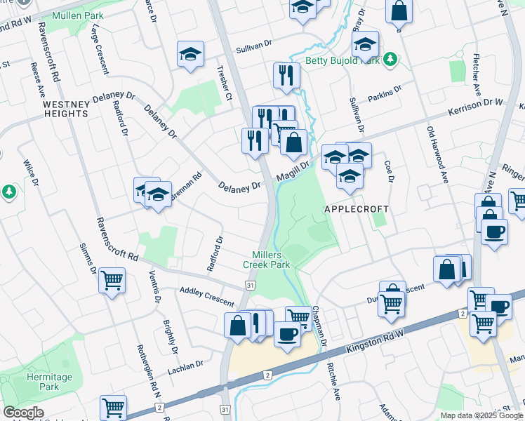 map of restaurants, bars, coffee shops, grocery stores, and more near 89 Chatfield Drive in Ajax