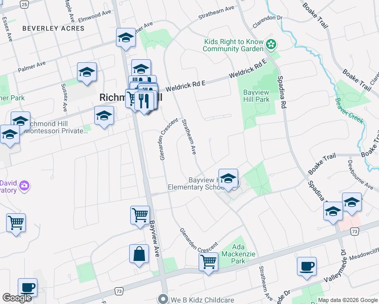 map of restaurants, bars, coffee shops, grocery stores, and more near 120 Strathearn Avenue in Richmond Hill