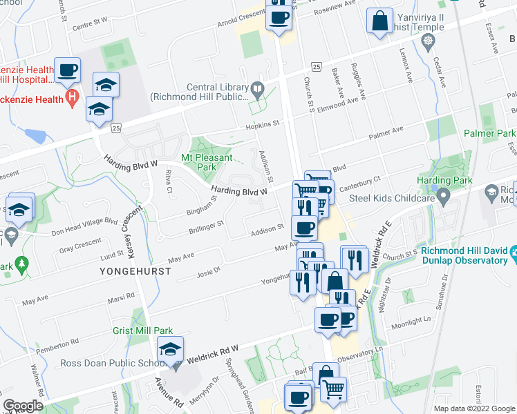 map of restaurants, bars, coffee shops, grocery stores, and more near 2 Mary Gapper Crescent in Richmond Hill