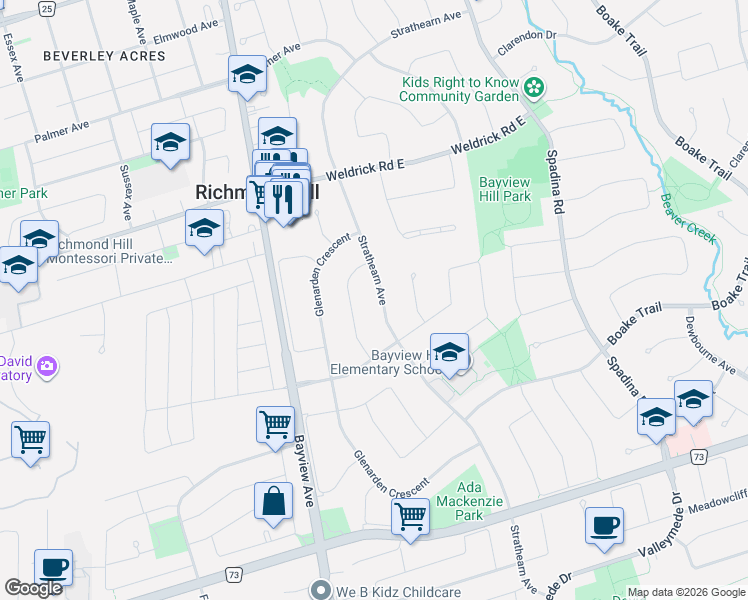 map of restaurants, bars, coffee shops, grocery stores, and more near 112 Strathearn Avenue in Richmond Hill