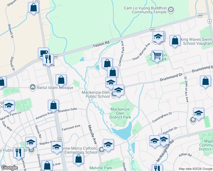 map of restaurants, bars, coffee shops, grocery stores, and more near 99 Sandway Crescent in Vaughan