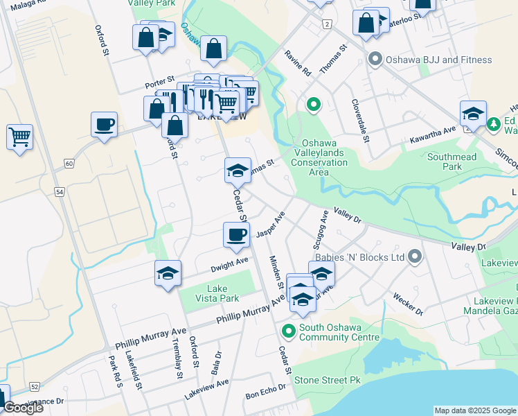 map of restaurants, bars, coffee shops, grocery stores, and more near 300 Banff Avenue in Oshawa