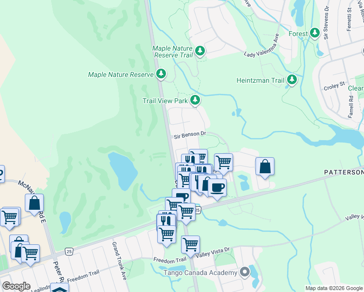 map of restaurants, bars, coffee shops, grocery stores, and more near 73 Robert Green Crescent in Vaughan