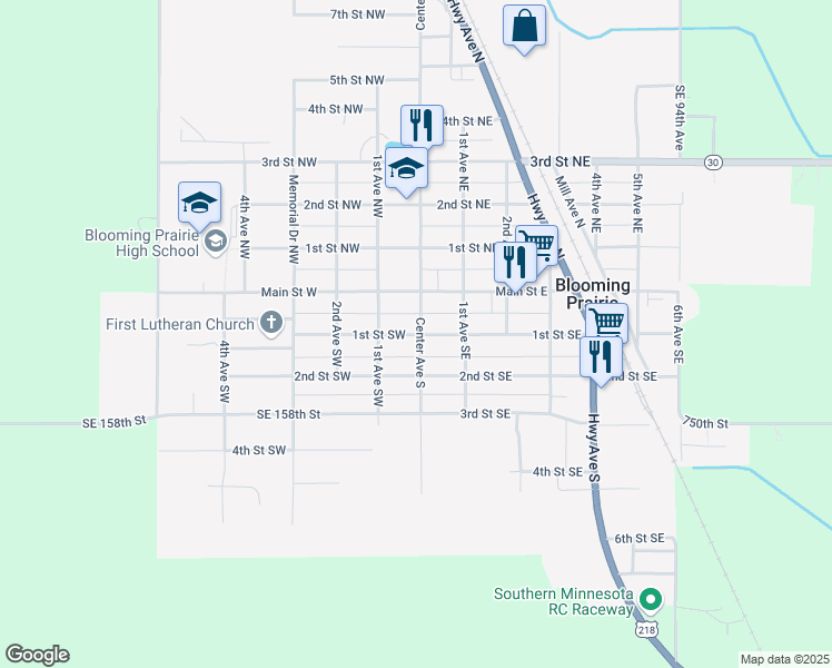 map of restaurants, bars, coffee shops, grocery stores, and more near 110 1st Street Southwest in Blooming Prairie