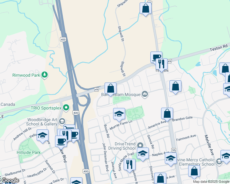 map of restaurants, bars, coffee shops, grocery stores, and more near 184 Ahmadiyya Avenue in Vaughan