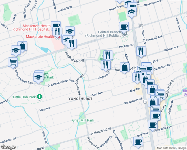 map of restaurants, bars, coffee shops, grocery stores, and more near 48 Ritva Court in Richmond Hill