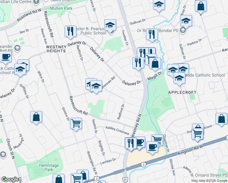 map of restaurants, bars, coffee shops, grocery stores, and more near 47 Radford Drive in Ajax