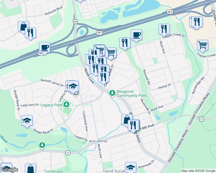 map of restaurants, bars, coffee shops, grocery stores, and more near 46 Blue Meadow Court in Markham
