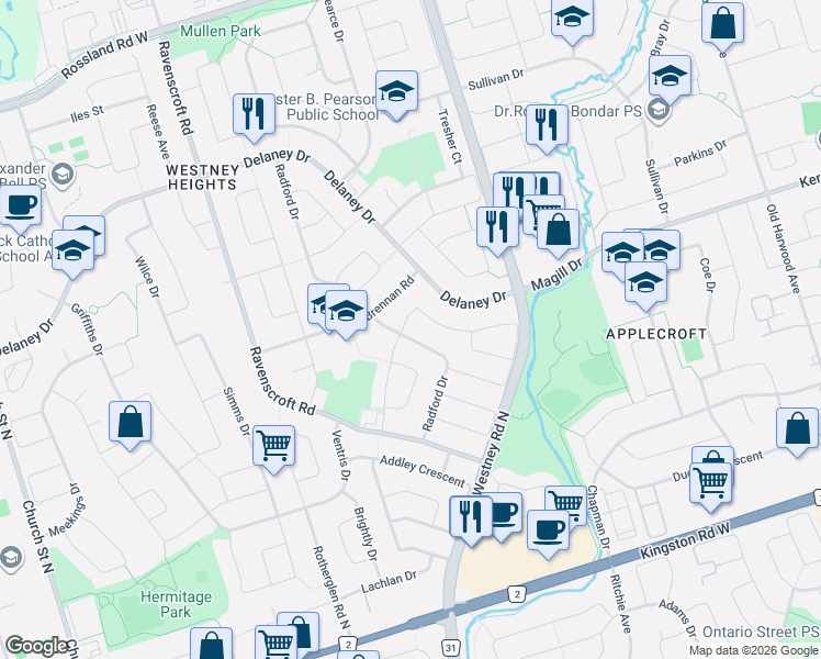 map of restaurants, bars, coffee shops, grocery stores, and more near 47 Radford Drive in Ajax