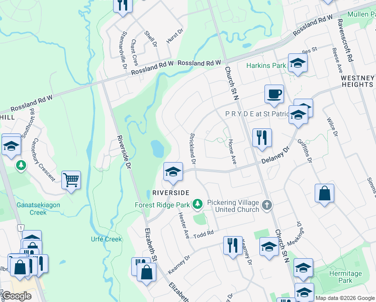 map of restaurants, bars, coffee shops, grocery stores, and more near 16 Strickland Drive in Ajax