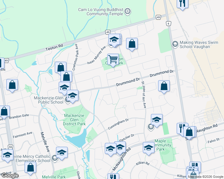 map of restaurants, bars, coffee shops, grocery stores, and more near 7 Logwood Drive in Vaughan