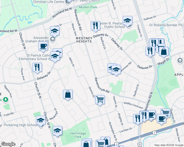 map of restaurants, bars, coffee shops, grocery stores, and more near 141 Ravenscroft Road in Ajax