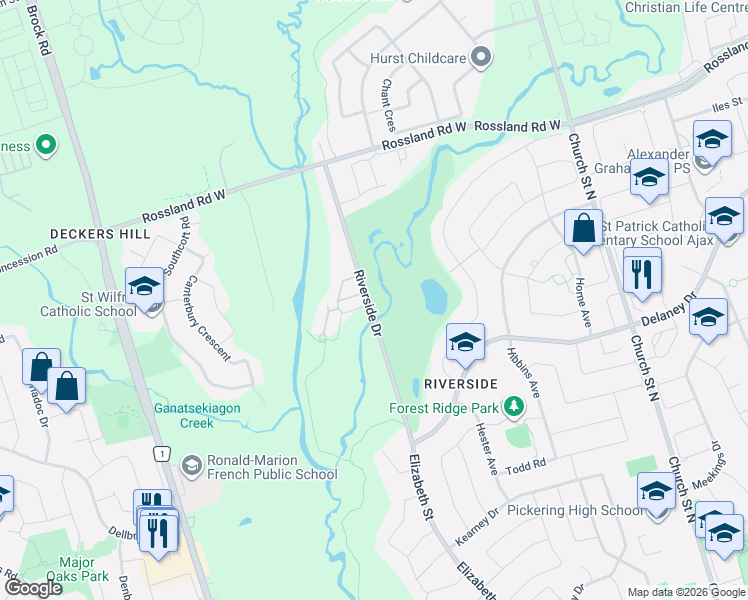 map of restaurants, bars, coffee shops, grocery stores, and more near 744 Riverside Drive in Ajax