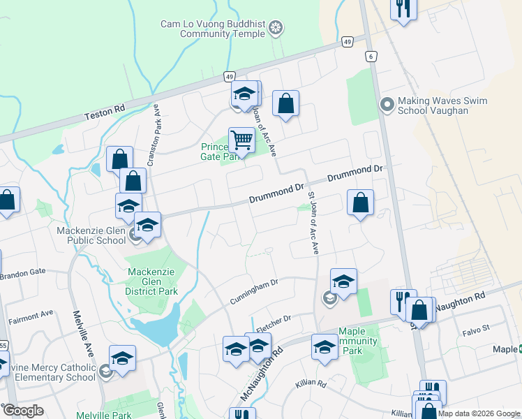 map of restaurants, bars, coffee shops, grocery stores, and more near 198 Purcell Crescent in Vaughan