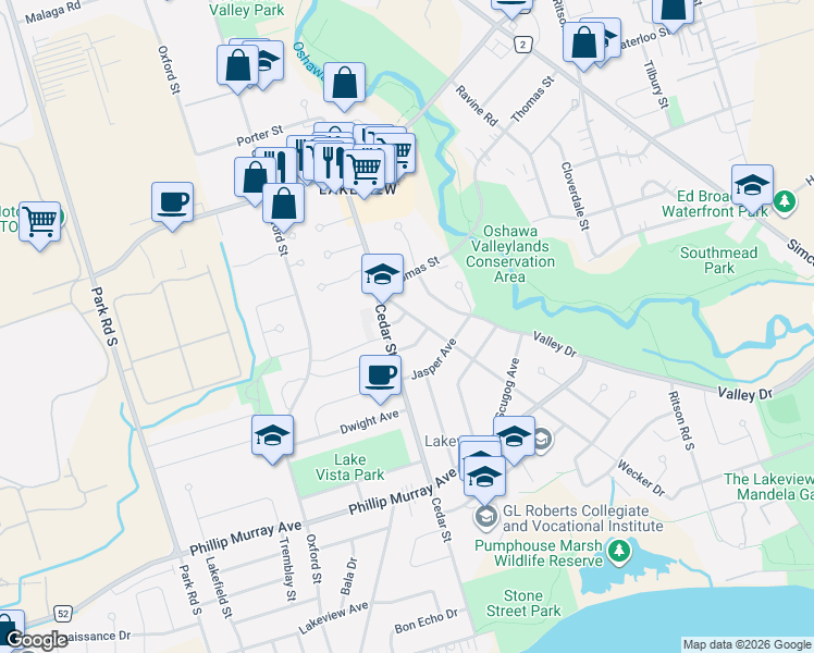 map of restaurants, bars, coffee shops, grocery stores, and more near 297 Geneva Avenue in Oshawa