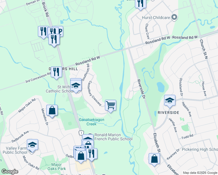 map of restaurants, bars, coffee shops, grocery stores, and more near 10 Bunting Court in Ajax