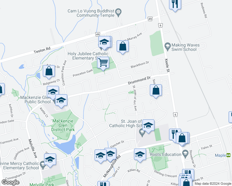map of restaurants, bars, coffee shops, grocery stores, and more near 186 Purcell Crescent in Vaughan