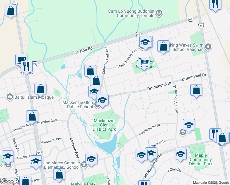 map of restaurants, bars, coffee shops, grocery stores, and more near 24 Drummond Drive in Vaughan