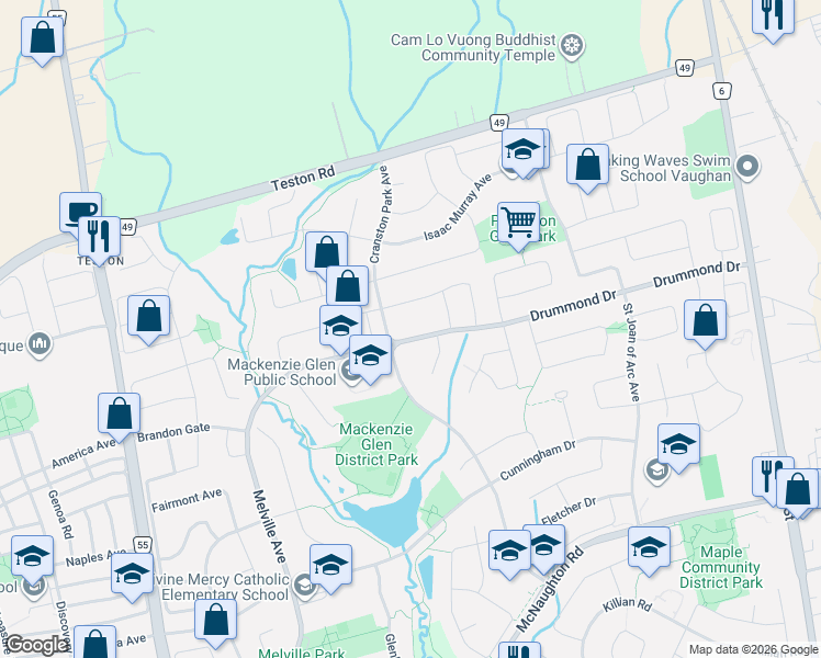 map of restaurants, bars, coffee shops, grocery stores, and more near 20 Drummond Drive in Vaughan