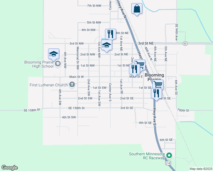 map of restaurants, bars, coffee shops, grocery stores, and more near 110 1st Street Southwest in Blooming Prairie