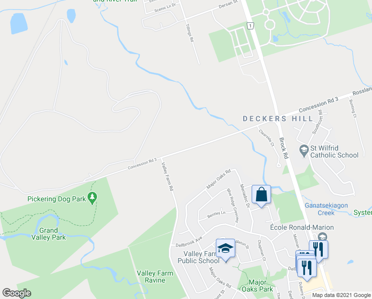 map of restaurants, bars, coffee shops, grocery stores, and more near Concession Road 3 in Pickering